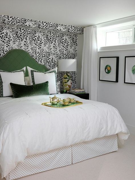 Our very small bedroom in the basement.  One accent wall?  Dare I use wallpaper? Basement Window Treatments, Very Small Bedroom, Green Headboard, Sarah Richardson Design, Basement Guest Rooms, Sarah Richardson, Basement Bedroom, Basement Windows, Small Basements