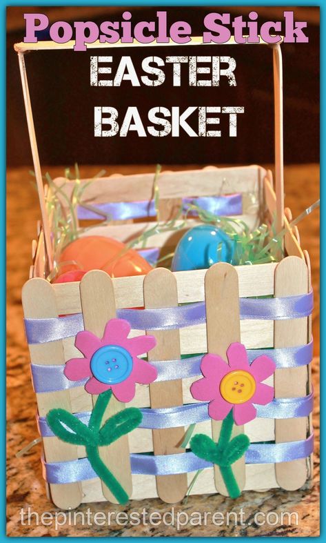 Popsicle Craft Stick Easter Basket Craft - a pretty project that you can make with your kids Easter Basket Craft, Easter Basket Crafts, Spring Basket, Popsicle Crafts, Stick Crafts, Basket Crafts, Easter Basket Diy, Easter Projects, Popsicle Stick Crafts