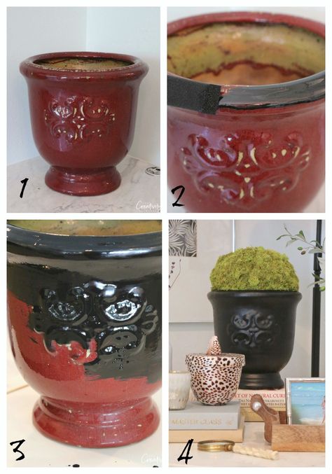 Painting glazed ceramic pots with Testors enamels. #ad Painting Over Glazed Ceramic Pots, How To Paint Ceramic Pots Planters, Paint Ceramic Pots Diy, How To Paint Glazed Ceramic, Paint A Ceramic Pot, Paint Glazed Pots, How To Paint Over Glazed Ceramic, Ceramic Pot Makeover, Repainting Ceramic Pots