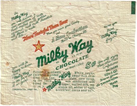 1950s Milky Way Candy Wrapper Milky Way Candy, Food Font, Penny Candy, Retro Candy, Candy Wrapper, Malted Milk, Candy Packaging, Vintage Candy, Best Candy