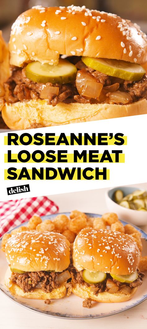 Roseanne fans, THIS is what you need to eat while watching the show. Get the recipe at Delish.com. #recipe #easyrecipe #roseanne #meat #groundbeef #beef #sandwich #pickles #mustard #dinner #easy #dinnerrecipes #onion Roseanne Loose Meat Sandwich Recipe, Loose Meat Sandwich, Sandwich Pickles, Loose Meat, Loose Meat Sandwiches, Summer Sandwiches, Meat Sandwich, Hamburger Meat Recipes, Hamburger Meat