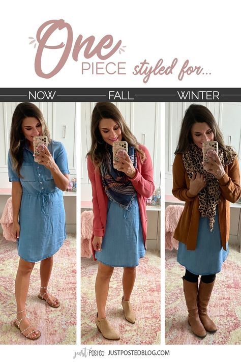 Three ways to wear a chambray dress - Size up half a size in the sandals. Everything else is true to size. Wearing a small in the dress, leggings, and cardigan. Coral cardigans linked are similar ones. #justpostedblog #ShopStyle #shopthelook #MyShopStyle #OOTD #LooksChallenge #ContributingEditor #Lifestyle Zooey Deschanel, Cute Fall Outfits, Casual Fall Outfits, Fall Winter Outfits, Work Fashion, Modest Outfits, Dresses With Leggings, Cute Fashion, Modest Fashion