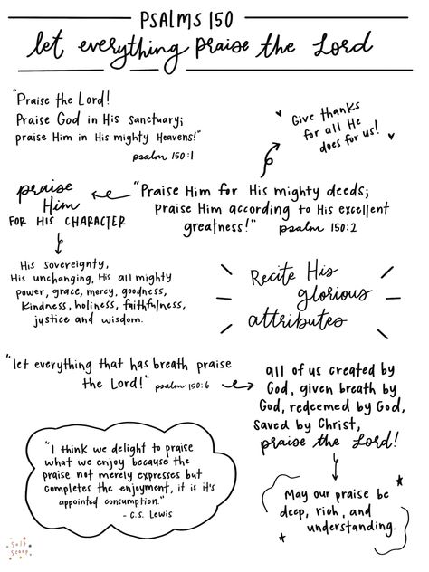 Praise Him in everything! Bible study - Bible journaling - Bible art - Psalms - Psalm 150 Psalms 1 Bible Study Notes, Psalms 150, Psalms 119, Psalms Notes, Psalms Journaling Ideas, Bible Study Notes Psalms, Psalm Bible Study, Psalm 107, Psalms Bible Study