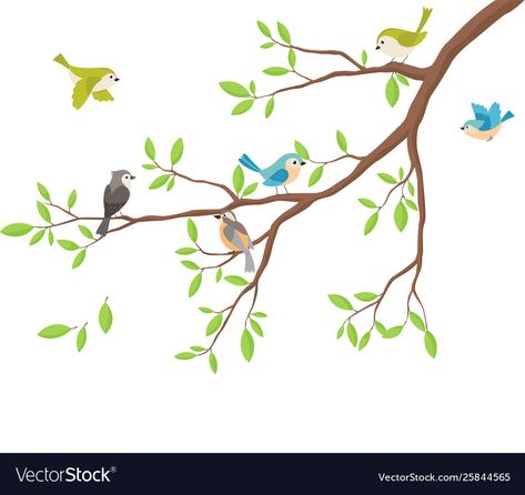 Birds On Tree Drawing, Tree Branch Illustration, Flying Bird Drawing, Branch Illustration, Embroidery Birds, Window Illustration, Birds On A Branch, Cartoon Trees, Window Drawing