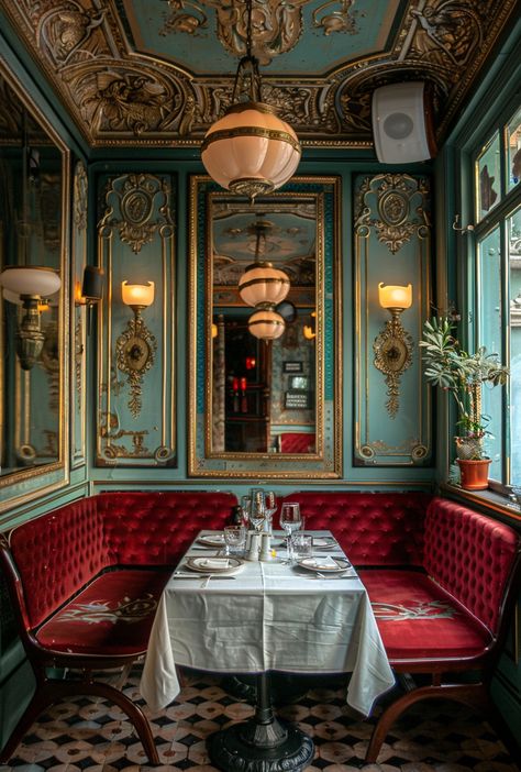 Opulent Parisian brasserie interior: ornate ceilings, mirrors, red seating, elegant table settings, classic French ambiance Brasserie Interior, Parisian Cafe Interior, Paris Restaurants Interior, Mirror Restaurant, Velvet Banquette, Parisian Dining, Luxury Cafe, Best Restaurants In Paris, Visiting Paris