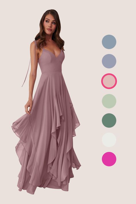 This flowy dress features double adjustable spaghetti straps with a bow tie at the shoulders, pockets, and a ruffled tier handkerchief cut skirt. Biker Wedding, Cute Formal Dresses, Rose Bridesmaid Dresses, Blush Bridesmaid Dresses, Fall Wedding Guest, Grey Bridesmaid Dresses, Fall Wedding Guest Dress, Mother Wedding Dress, Chiffon Bridesmaid Dresses