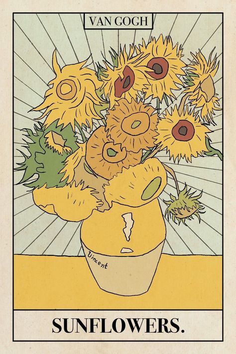 The Sun Tarot Card Illustration, Sunflower Tarot Card, Van Gogh Illustration Art, Sunflowers Vincent Van Gogh, Sunflower Aesthetic Drawing, Van Gogh Sunflower Tattoo, Vincent Van Gogh Tattoo, Sunflower Painting Van Gogh, Girasoles Van Gogh