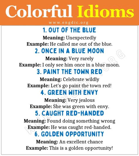 Colorful Idioms Idioms And Phrases With Meanings And Examples, Blue Moon Meaning, Color Idioms, Blue Meaning, Idioms In English, Blue Means, Fun Phrases, Moon Meaning, Red Meaning