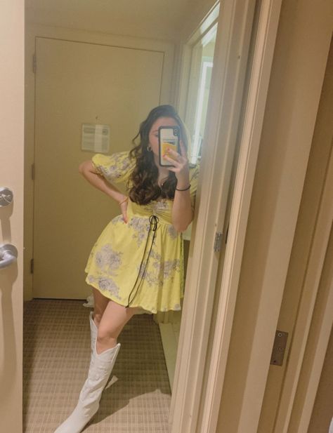 Yellow white puffy mini dress with tall white cowgirl boots Yellow Dress With Cowboy Boots, Yellow Cowgirl Aesthetic, Yellow Boots Aesthetic, Yellow Cowgirl Boots, White Knee High Cowboy Boots, Whitle Long Cowgirl Boots, Puffy Sleeves Dress, White Cowgirl Boots, Dresses With Cowboy Boots