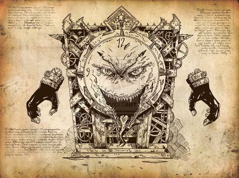 Clock monster by 666hoursforyou Dnd Clockwork Monsters, Character Design Clock, Clockwork Creatures Dnd, Clock Monster, Creepy Clock Aesthetic, Fantasy Literature, Steampunk Theme, Japanese Mythology, Japanese Folklore