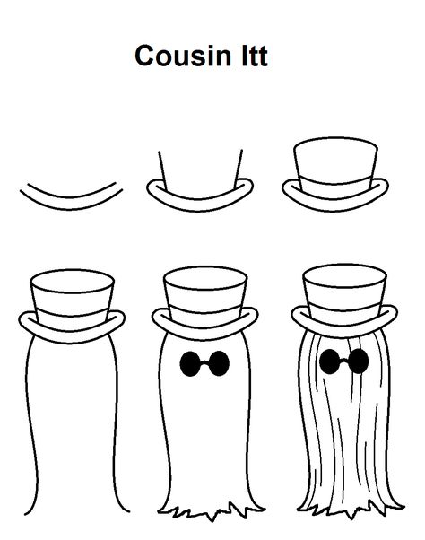 Step-by-step to draw Cousin Itt from The Addams Family. Adams Family Doodle, Thing From Addams Family Drawing, The Adams Family Drawing, Cousin It Tattoo Addams Family, Adams Family Clipart, Addams Family Doodles, Thing Addams Drawing, Addams Family Drawings Easy, Adams Family Drawing Easy