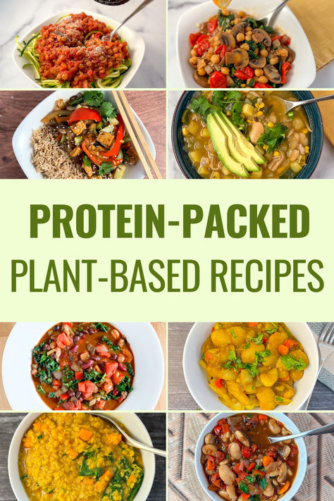 Graphic with 8 different high protein plant based meals. Plant Based Protein Recipes, Whole Plant Based Diet, Plant Based Proteins, Best Vegan Protein Powder, Vegan Board, Best Vegan Protein, Adventist Church, Plant Based Lunch, Inflammatory Recipes