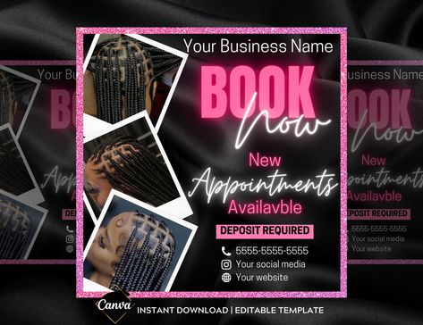 Glam Pink Glitter Theme Book Now Canva Flyer Appointments Available Deposit Required Premade Braids Instagram Social Media Editable Template https://etsy.me/3MnTu3a #pink #black #editablecanva #booknowflyer #diyflyer #canvatemplate Available Appointments Template Pink, Book Appointment Now, Book Now Appointment, Prebooking Hair Appointments, Hair Braider Flyer, Appointments Available, Spa Business, Online Graphic Design, Graphic Design Tools