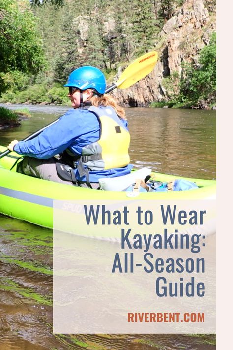 Kayaking season is here! Gear up with the perfect mix of clothes for mobility, safety, and comfort in any kind of weather. Here's a complete guide to base layers, paddle jackets, paddling pants, water shoes, and other gear for kayaking in inflatable, hard-shell, or sit-on-top kayaks. Winter Kayaking Clothes, Fall Kayaking Outfit, Kayak Outfit Women, What To Wear Kayaking Outfit, Kayak Outfit, What To Wear Kayaking, Kayaking Outfit, Beach Kayak, River Camp