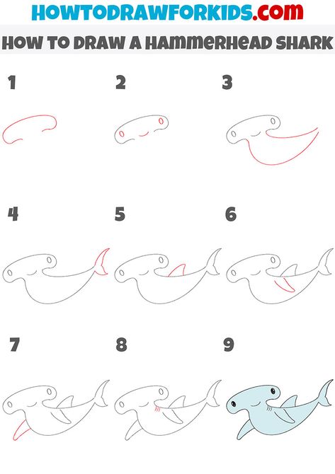 how to draw a hammerhead shark step by step Draw Hammerhead Shark, Step By Step Sea Animal Drawings, How To Draw A Cute Shark, How To Draw Hammerhead Shark, How To Draw A Whale Shark Step By Step, Hammerhead Shark Drawing Cute, How To Draw Sea Creatures Step By Step, How To Draw A Shark Easy, Hammerhead Shark Doodle