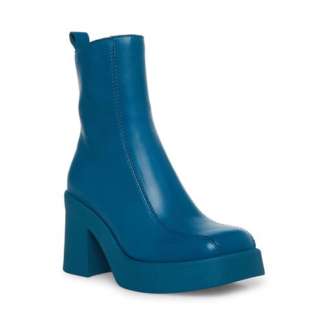 Green Chunky Boots, Green Chunky Ankle Boots, Blue Boots With Rubber Sole, Green Leather Ankle-high Platform Boots, Blue Ankle-high Boots With Rubber Sole, Square Toe Ankle Boots, Steve Madden Store, Teal Leather, Teal Fabric