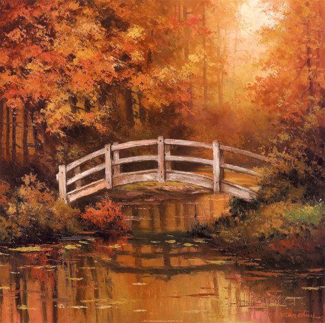 Christmas and Winter, and the Beauty of Spring, Summer and Fall. Bridge Tattoo, Bridge Drawing, Bridge Wall Art, Bridge Painting, Bridge Art, Landscape Digital, Wooden Bridge, Painting Party, Autumn Painting