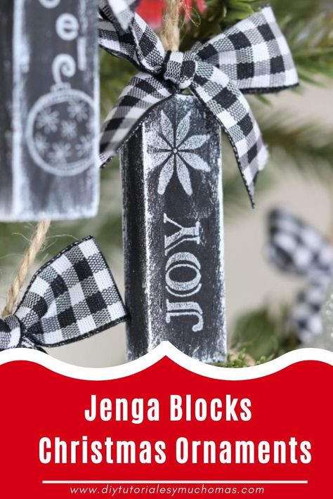 Christmas Tree Ornaments using jenga blocks and best of all, you can make 36 ornaments and spend less than $12 dollars with this simple tutorial #crafts #christmas #ornaments Jenga Ornaments, Christmas Ornaments Homemade Rustic, Christmas Ornaments Homemade Kids, Easter Tree Diy, Crafts Christmas Ornaments, Easter Tree Ornaments, Jenga Blocks, Dollar Tree Christmas, Block Craft