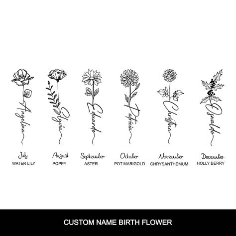 Name Written In Flowers Tattoo, June Birth Flower Tattoo With Name, Birth Month Animal Tattoo, Birth Month Flower Tattoos On Arm, May Birth Tattoo, Birthday Month Flower Tattoo Ideas, Feb Flower Tattoo Birth Month, Leo Birth Flower Tattoo, Monthly Flowers Tattoos