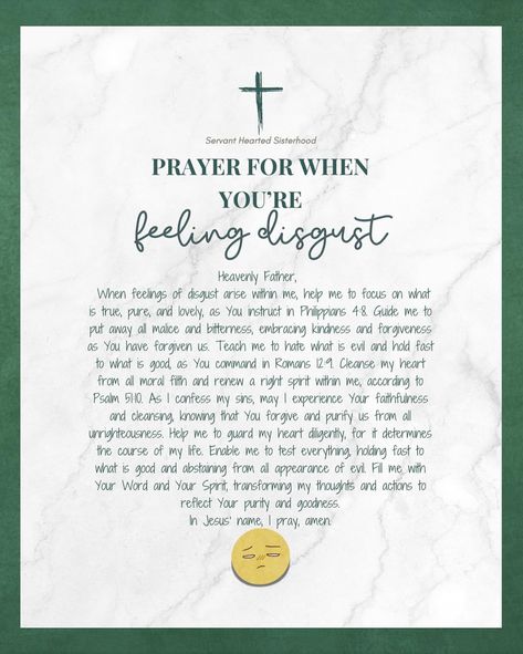 Feeling disgust? 🤢💁🏻‍♀️⠀ ⠀ When disgust clouds your heart, turn to these scriptures for renewal and guidance. Let God’s Word help you focus on purity, goodness, and forgiveness. ⠀ ⠀ Disgust is an emotion that runs deep, often tied to a strong sense of revulsion or moral outrage. It can arise when we encounter something that offends our values or sensibilities, leaving us feeling repulsed or even angry. While disgust can sometimes be a natural response to evil or injustice, it can also cloud o... Romans 12 9, Psalm 51 10, What Is Evil, Cleanse Me, Our Values, Romans 12, Let God, Heavenly Father, Psalms