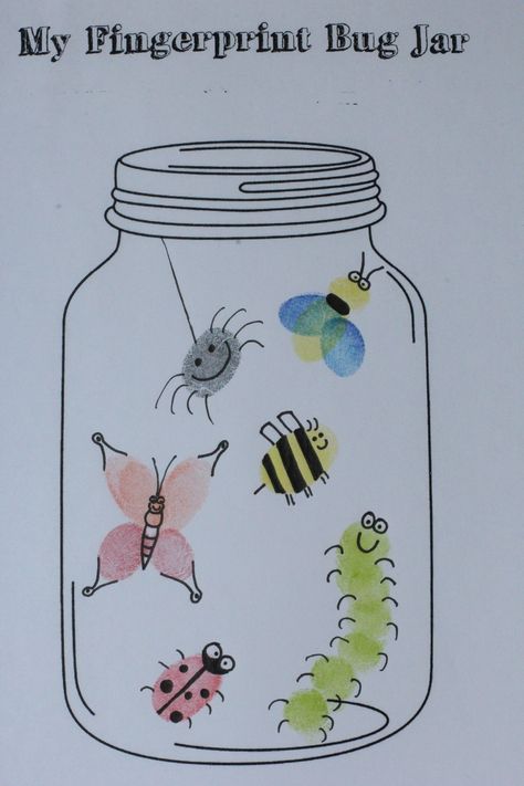 Found this FREE mason jar printable........ (http://avirtuouswoman.org/fingerprint-bug-jar-printable/)     Such a fun craft w/added writing prompt.  craft by Erin Mitchell Bug Activities, Bugs Preschool, Insect Crafts, Fingerprint Art, Insects Theme, Bug Crafts, Footprint Art, Daycare Crafts, Handprint Art