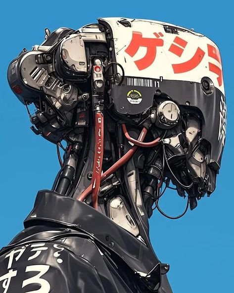 Droid Japanese Robot Art, Japanese Mecha Art, Cyberpunk Tech Concept Art, Cyberpunk Robot Art, Leather Jacket Illustration, Mech Head, Mecha Illustration, Jacket Illustration, Cyberpunk Robot