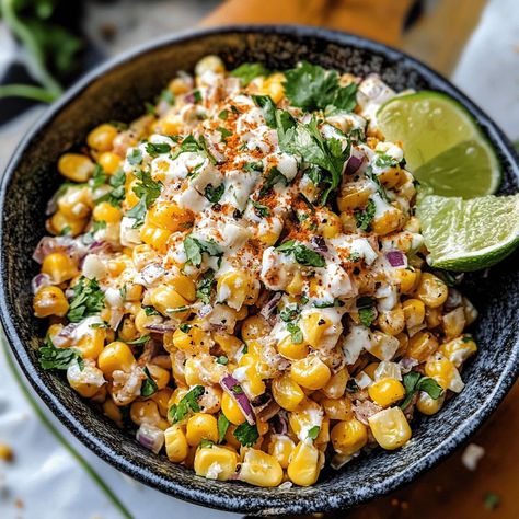 Mexican Street Corn Salad is a vibrant dish featuring grilled corn, fresh herbs, creamy dressing, and tangy lime for a delicious side. Deconstructed Street Corn, Elote Side Dish, Mexican Street Corn Side Dish, Elite Corn, Smoked Mexican Street Corn, Street Corn Shrimp, Creamy Street Corn, Mexican Corn Salad Recipe, Mexican Sides