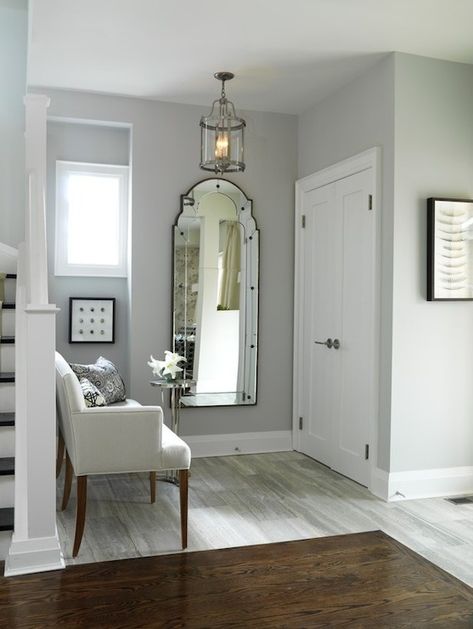 Gray Walls - Transitional - entrance/foyer - ICI Dulux Silver Cloud - Sarah Richardson Design Hallway Colour Schemes, Hallway Paint Colors, Hallway Paint, Hallway Colours, Small Hall, Sarah Richardson, Paint Colors Benjamin Moore, Grey Paint Colors, Trendy Living Rooms