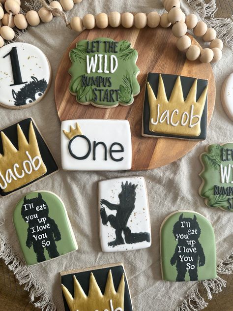 Decorated sugar cookies where the wild things are theme Wild Things Party, Baby First Birthday Themes, Cookie Birthday Party, First Birthday Cookies, Wild Rumpus, Boys 1st Birthday Party Ideas, Wild One Birthday Party, Twin First Birthday, 1st Birthday Party Themes