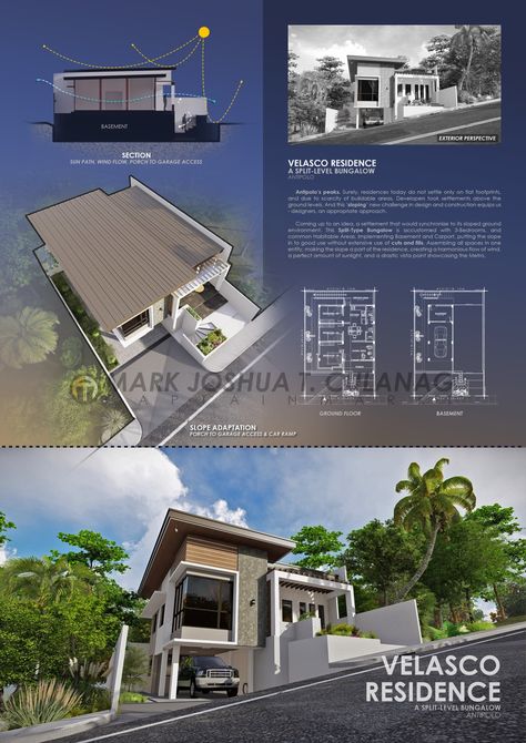 A Split-Level Bungalow Split Level Residence, Split Type House Design, Split Type House, Split Level Bungalow, Commercial Building Plans, Split Level House Plans, Architecture Design Presentation, Architectural Portfolio, 2 Storey House