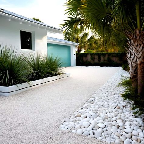 White Stone Driveway, Seashell Driveway, White Pea Gravel, White Gravel Landscaping, Driveway Borders, Driveway Landscaping Ideas, Driveway Border, Grass Driveway, Backyard Goals