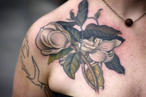 Magnolia tattoo Botanical Magnolia, Botanical Illustration Tattoo, Wishbone Tattoo, Shoulder Cap Tattoo, Portland Tattoo, Interesting Tattoos, Magnolia Tattoo, Tattoo Shoulder, Bouquet Tattoo