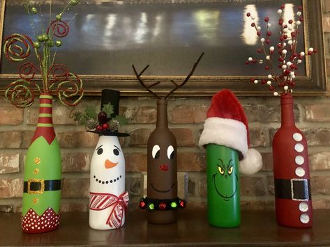 Beer Bottle Christmas Crafts, Wine Bottle Reindeer, Wine Bottle Christmas Crafts, Christmas Wine Bottles Diy, Santa Wine Bottle, Elf Snowman, Wine Bottle Crafts Christmas, Grinch Santa, Christmas Wine Bottles