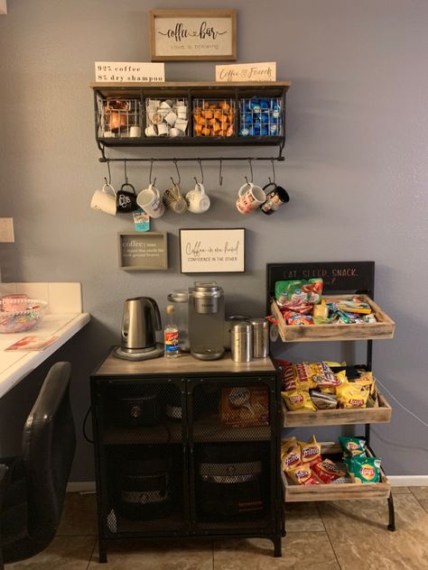 Coffee Bar Station Small Spaces Office, Snack Table Office, Coffee Bar In Office Small Spaces, Office Hospitality Station, Snack Bar Table Ideas, Snack Bar In Kitchen, Coffee Bar Ideas For Classroom, Coffee Bar Ideas For Work Office, Coffee Bar Ideas Office Tea Station