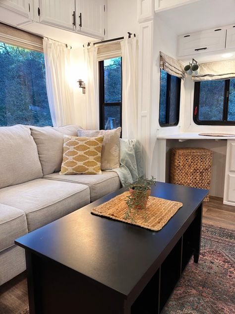 fifth wheel renovations Factory Aesthetic, Cozy Van, Renovated Rv, Farmhouse Faucet, Rv Living Room, Waterproof Vinyl Plank Flooring, Rv Inspiration, Camper Interior Design, Gorgeous Fireplaces