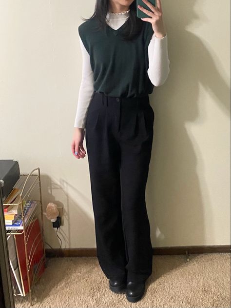 Office Outfits 2023 Winter, Sweater Vest And Trousers Outfit, Business Casual Sweater Vest Outfit, How To Style Dress Pants Business Casual, Sweater Vest Business Outfit, Slacks With Sweater Outfit, Sixth Form Outfits Smart Trousers, Office Event Outfits Women, Sweater Vest Business Casual