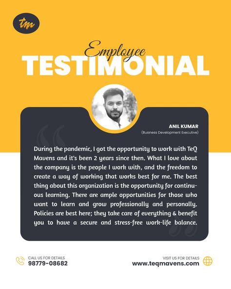 A reliable employee is the best gift a leader can ask for. Thank you for being your best every day. Keep up the great work! #jobinterview #careerdevelopment #employeeappreciation #management #humanresources #employeeengagement #workplace #employeetestimonial #employers #employer #TeQMavens #LearnwithTeQMavens #LifeatTeQMavens #testimonial Employee Testimonial, Employee Appreciation, Employee Engagement, Career Development, Business Development, The Freedom, Job Interview, Human Resources, Keep Up