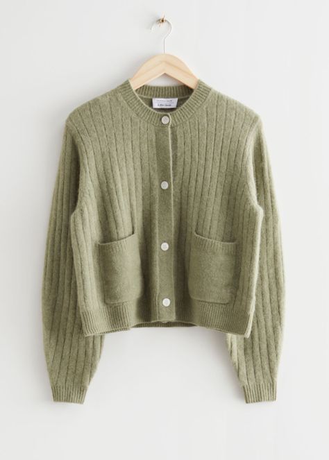 Patch Pocket Rib Knit Cardigan - Khaki - Cardigans - & Other Stories US Other Stories Cardigan, Green Knitted Sweater, Khaki Cardigan, Sweater With Buttons, Wishlist 2022, Rib Knit Cardigan, Autumn Wardrobe, Green Cardigan, Fall Collection