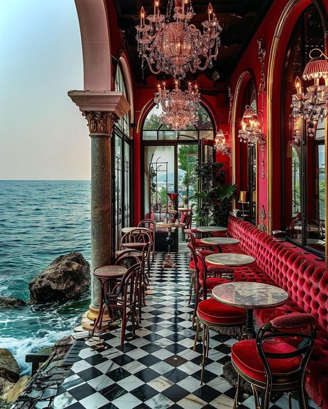 AI.461 "Crepúsculo Carmesí | A Magical Seaside Restaurant Escape in San Sebastián" by @_prspctivs © 2023-2024 Harshdeep Arora… | Instagram Venue Aesthetic, Magic Village, Spanish Summer, Aesthetic Restaurant, Seaside Restaurant, Spanish Restaurant, Luxe Lounge, Mysterious Places, Outdoor Restaurant