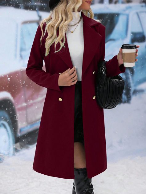 SHEIN Frenchy Solid Color Double-breasted Mid-length Woolen CoatI discovered amazing products on SHEIN.com, come check them out! Peacoat Womens Outfit, Clothes Moodboard, Business Clothes, Woolen Coat Woman, Double Breasted Overcoat, Winter Outfits Aesthetic, Burgundy Blazer, London Outfit, Beige Coat