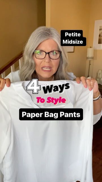 Beth | Petite Midsize Fashion on Instagram: "4ways to style paper bag pants ✔️ These are comfy and can be dressed up or down. 🖤 To shop, go to my profile. Tap on Snipfeed link. Then, tap on my Amazon storefront. In the March finds list. #whattowear #howtodress #howtostyle #businesscasual #teacheroutfit #workwear #petitefashion #midsizestyle #size12style" Paperbag Jeans Outfit Plus Size, Styling Paper Bag Pants, How To Style Paper Bag Pants, Black Paperbag Pants Outfit, Style Paper Bag Pants, Petite Midsize Fashion, Paperbag Pants Outfit, Paper Bag Pants Outfit, Petite Midsize