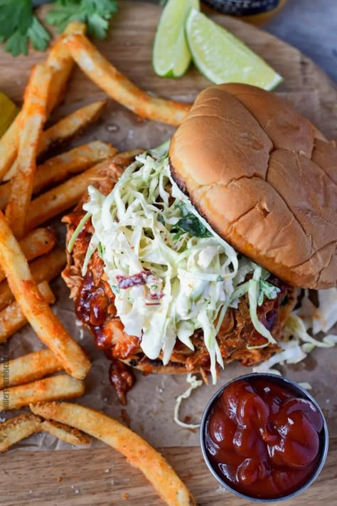 Slow Cooker BBQ Chicken Sandwich Recipe - Butter Your Biscuit Chipotle Slaw, Bbq Chicken Sandwich Recipes, Panini Recipes Chicken, Braised Chicken Breast, Chicken Sandwich Recipe, Pulled Chicken Sandwiches, Shredded Bbq Chicken, Recipe Slow Cooker, Bbq Chicken Sandwich