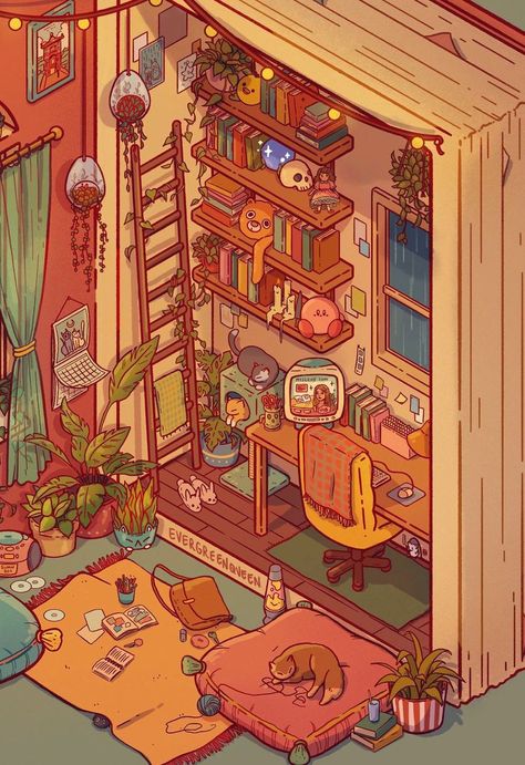 Drawing Bedroom Aesthetic, Cute Aesthetic Illustrations, Cozy Fantasy Wallpaper, Cute Room Illustration, Cozy Bedroom Drawing, Cat House Illustration, Cozy Art Wallpaper, Aesthetic Lofi Art Wallpaper, Room Illustration Bedroom