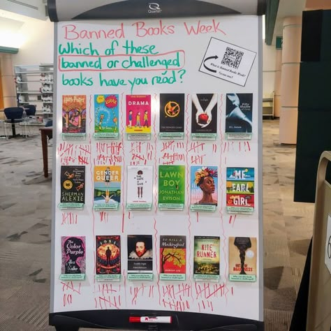 Banned Book Display Ideas, Banned Book Bulletin Boards, Interactive Book Display, Banned Book Week Activities, Ya Library Displays, Banned Book Week Display, Banned Books Week Activities, Banned Book Display, Middle School Library Ideas