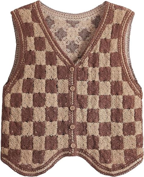 Verdusa Women's Button Front V Neck Sleeveless Plaid Checkered Knit Sweater Vest Khaki and Brown Large at Amazon Women’s Clothing store Knit Sweater Vest, Sweater Vest Women, Black Turtleneck, Crochet Details, Sleeveless Sweater, Checkered Pattern, Amazon Women, Knit Patterns, Cropped Sweater