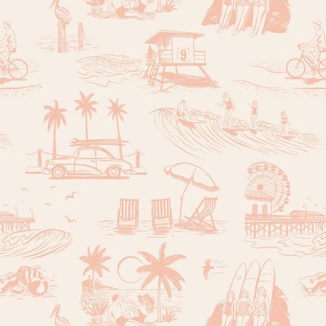 A special feature of my Retro Surf Beach wallpaper @lovevsdesign. Add a retro vibe with my stylized Southern California style beach scenes. I’m seeing this toile wallpaper design in a cool surf bungalow. AND you can customize it with over 200 colors! https://www.lovevsdesign.com/retro-surf-beach-wallpaper.html #retrosurfwallpaper #surftoilepattern #coastalchic #beachlife #surferstyle #southerncaliforniasurf #beachscenes #surfart #moderntoile #wallpaper #amysutherdesign #wallpaperdesigner Retro Wallpaper Bedroom, Retro Beach Bathroom, Beach Peel And Stick Wallpaper, Beachy Peel And Stick Wallpaper, Beach Room Wallpaper, Retro Beach Nursery, Beach Bathroom Wallpaper, Love Vs Design Wallpaper, Fun Peel And Stick Wallpaper