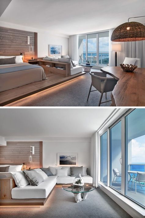 Master Bedroom Design Ideas - Raised Sleeping Area With Hidden Lighting | CONTEMPORIST Master Bedrooms With Couches, Sofa Next To Bed, Bedroom With Couch, Bedrooms With Balcony, Kawaii Videos, Spring Logo, Modern Bedroom Lighting, Modern Hotel Room, Bedroom With Balcony