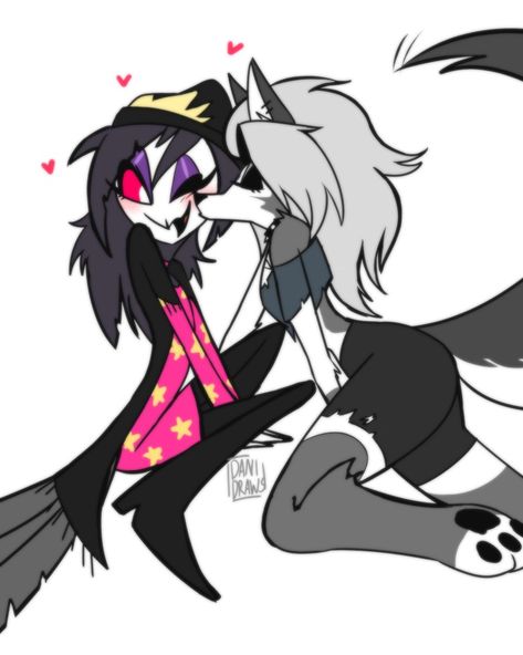 Octavia X Loona Ship, Loona X Octavia Kiss, Octavia X Loona, Loona X Octavia, Old School Tattoo Designs, Vivziepop Hazbin Hotel, Pinturas Disney, Cartoon Games, Wolf Art