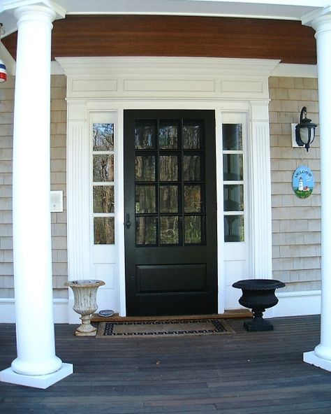 Colonial Exterior Front Door / Entry / Trim Greek Revival Front Door, Front Door Covered Entry Colonial, House Exterior Entrance, Door Casing Styles, Casing Styles, Black Front Door With Sidelights And Arched Transom, Round Portico Entry Colonial, Center Entrance Colonial Exterior, Modern Colonial Style