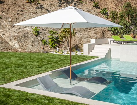 Santa Barbara Umbrella - Riviera Teak with In-Pool Base Pool Umbrella, Square Pool, Inside Pool, Commercial Umbrellas, Every Aesthetic, Pool Umbrellas, Outdoor Umbrellas, Pool Chairs, Backyard Remodel